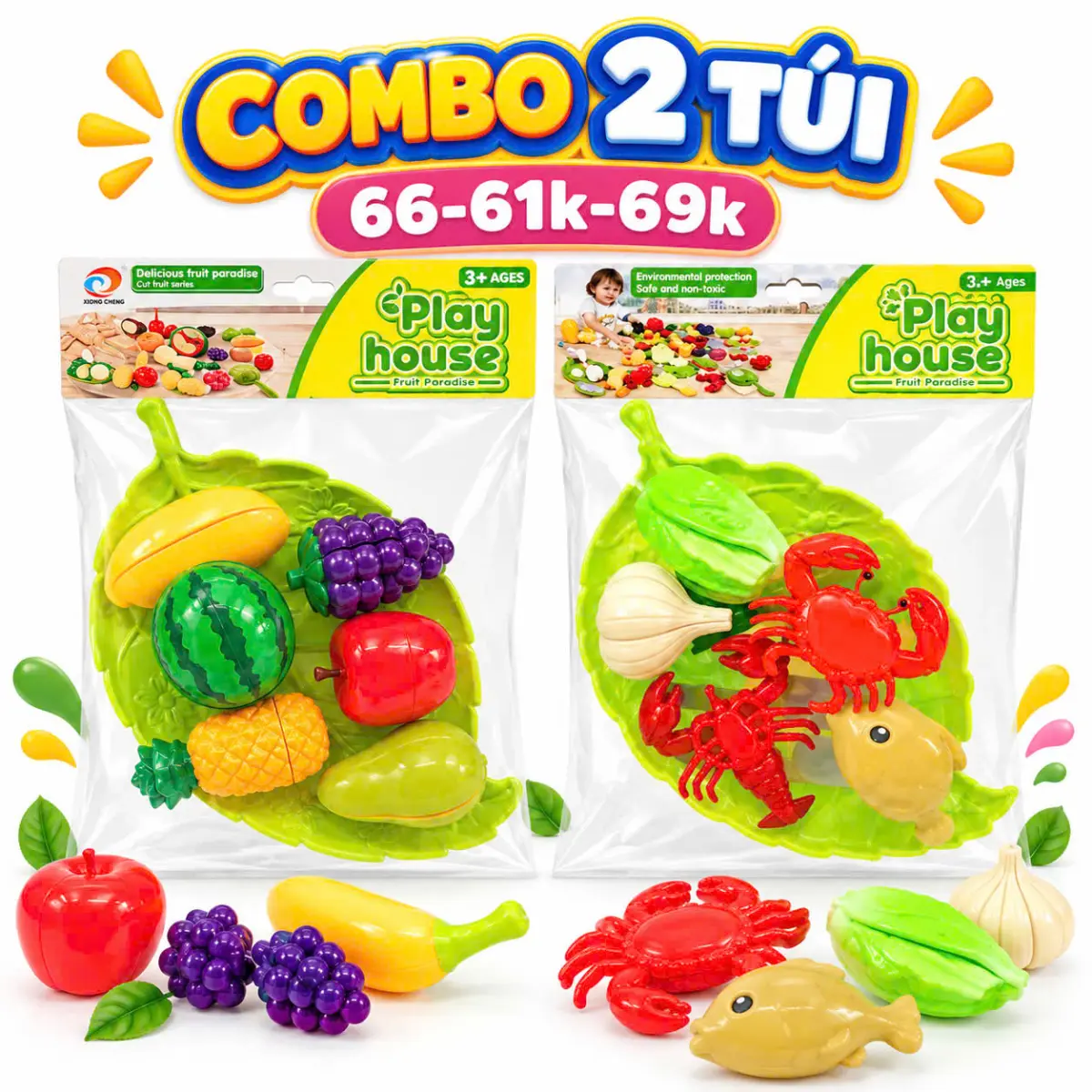 Combo 2 túi đồ chơi cắt trái cây và thực phẩm nhà bếp