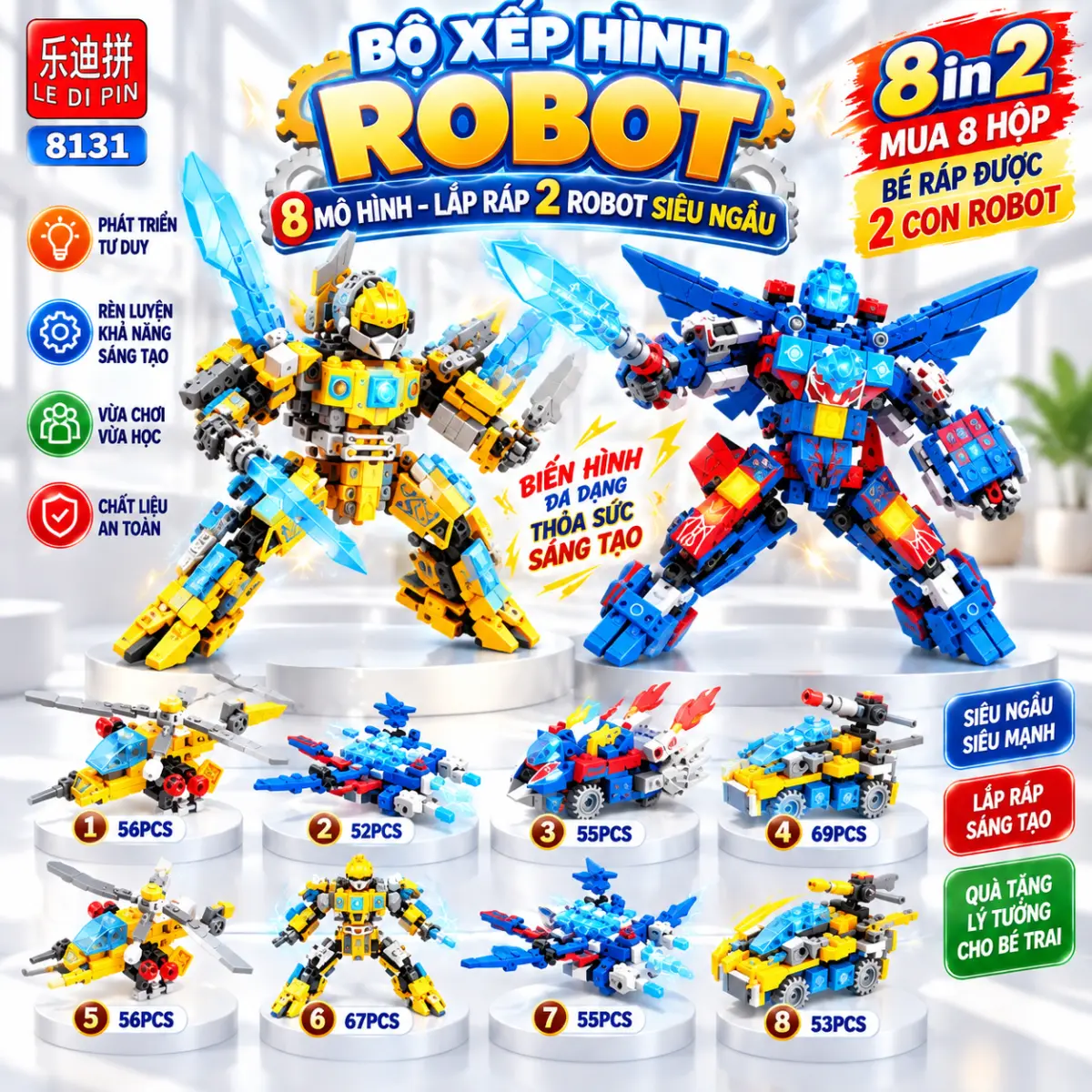 Bộ Đồ Chơi Xếp Hình Robot – 8 Mẫu Lắp Ráp, Biến Hình 2 Robot Siêu Ngầu
