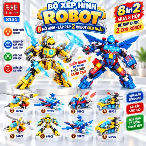 Bộ Đồ Chơi Xếp Hình Robot – 8 Mẫu Lắp Ráp, Biến Hình 2 Robot Siêu Ngầu