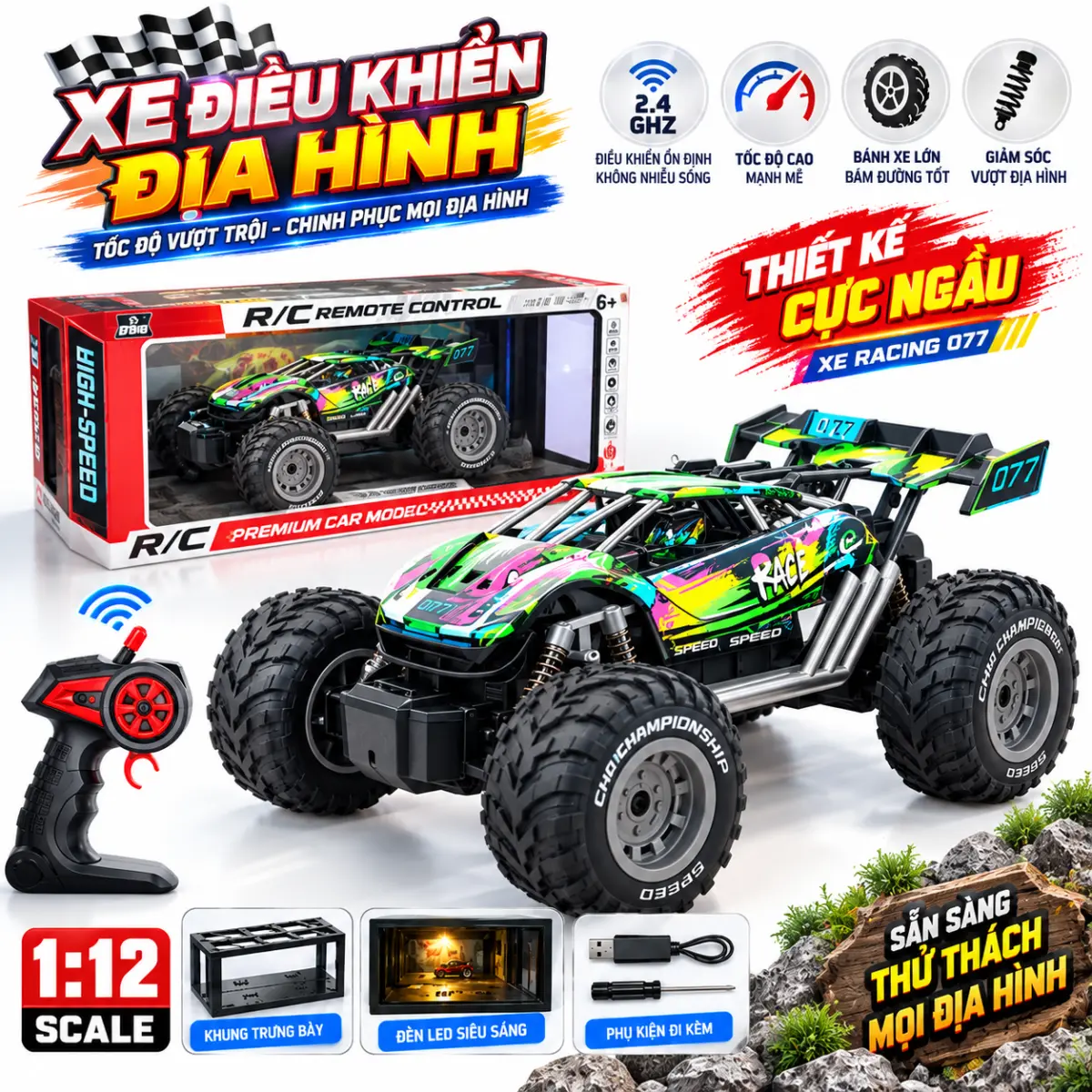 Siêu Xe Điều Khiển Địa Hình Ánh Kim – Bánh Khủng Chinh Phục Mọi Đường Đua