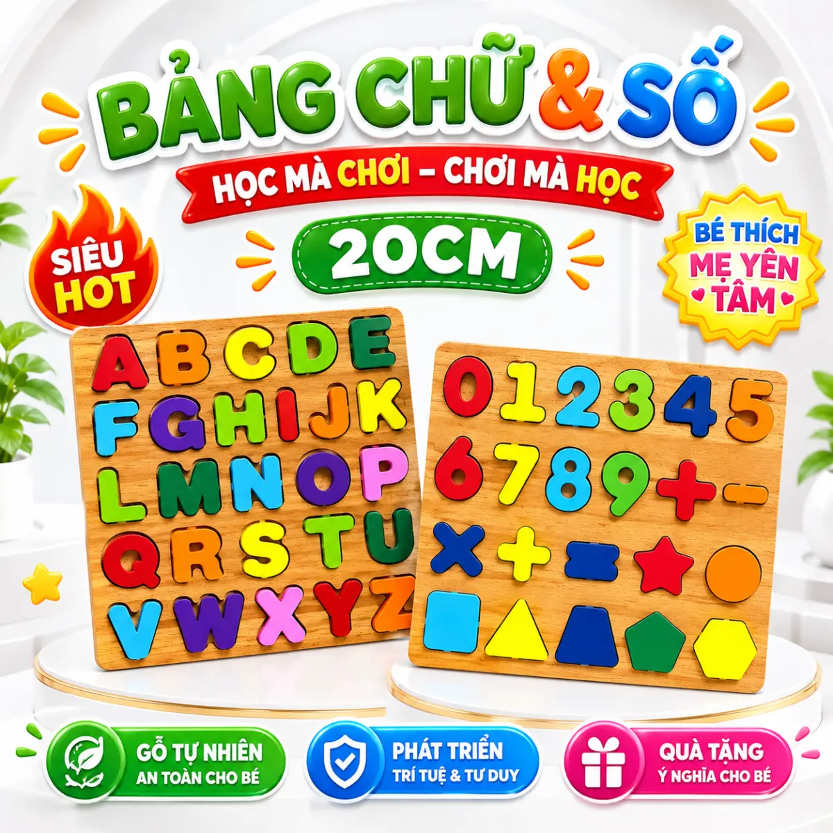 BỘ ĐỒ CHƠI BẢNG CHỮ CÁI & HÌNH SỐ CẮT RỜI BẰNG GỖ THÔNG MINH