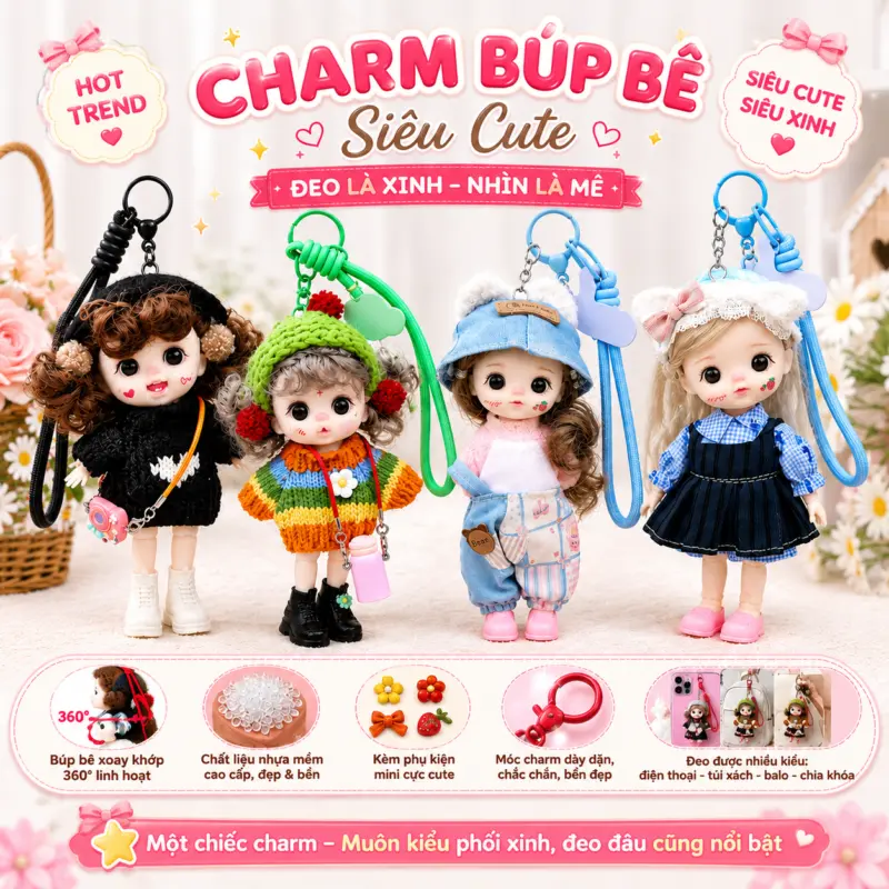Charm búp bê móc khoá treo balo, túi xách — Charm búp bê móc khoá treo balo, túi xách