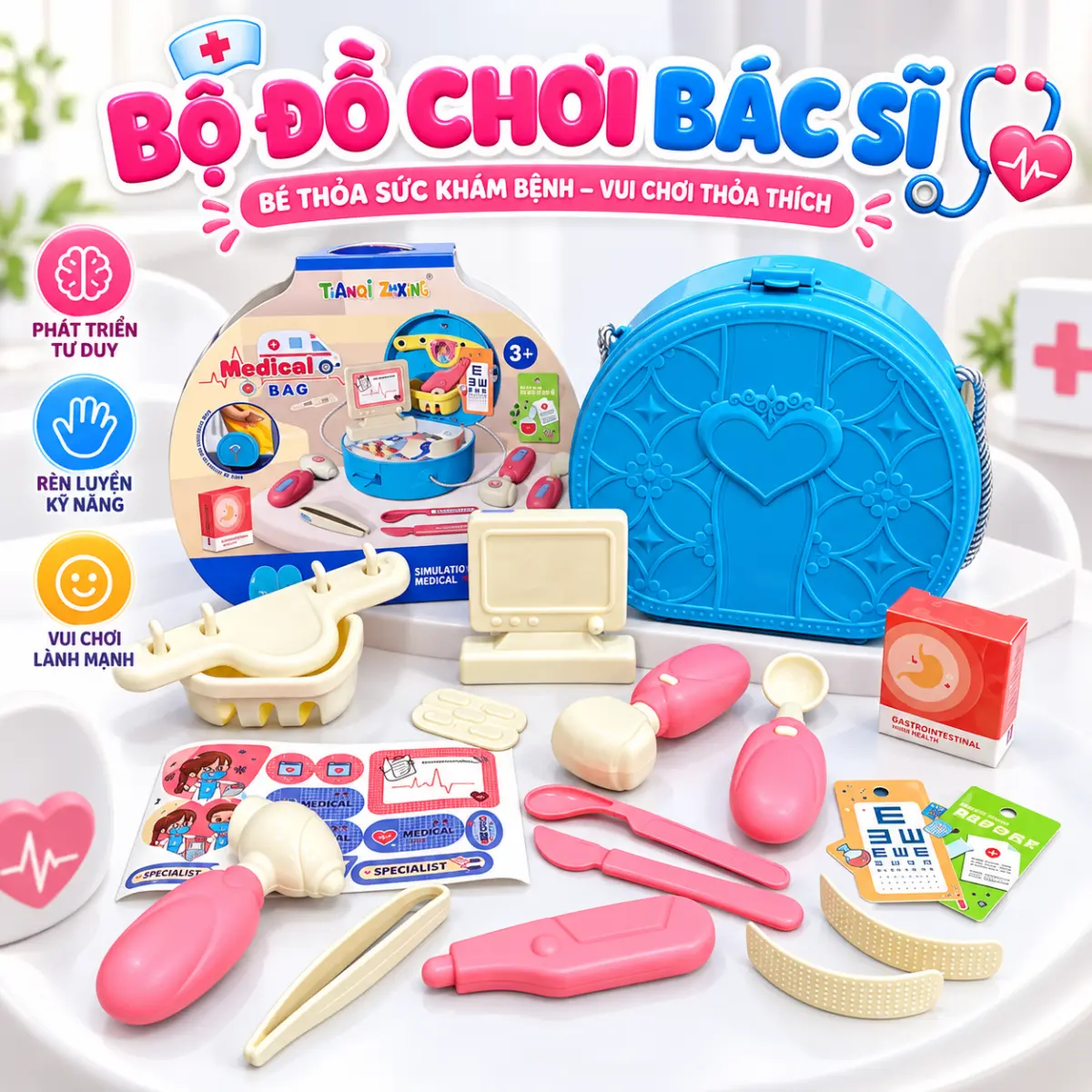 Bộ đồ chơi bác sĩ túi xách dựng thành bàn khám