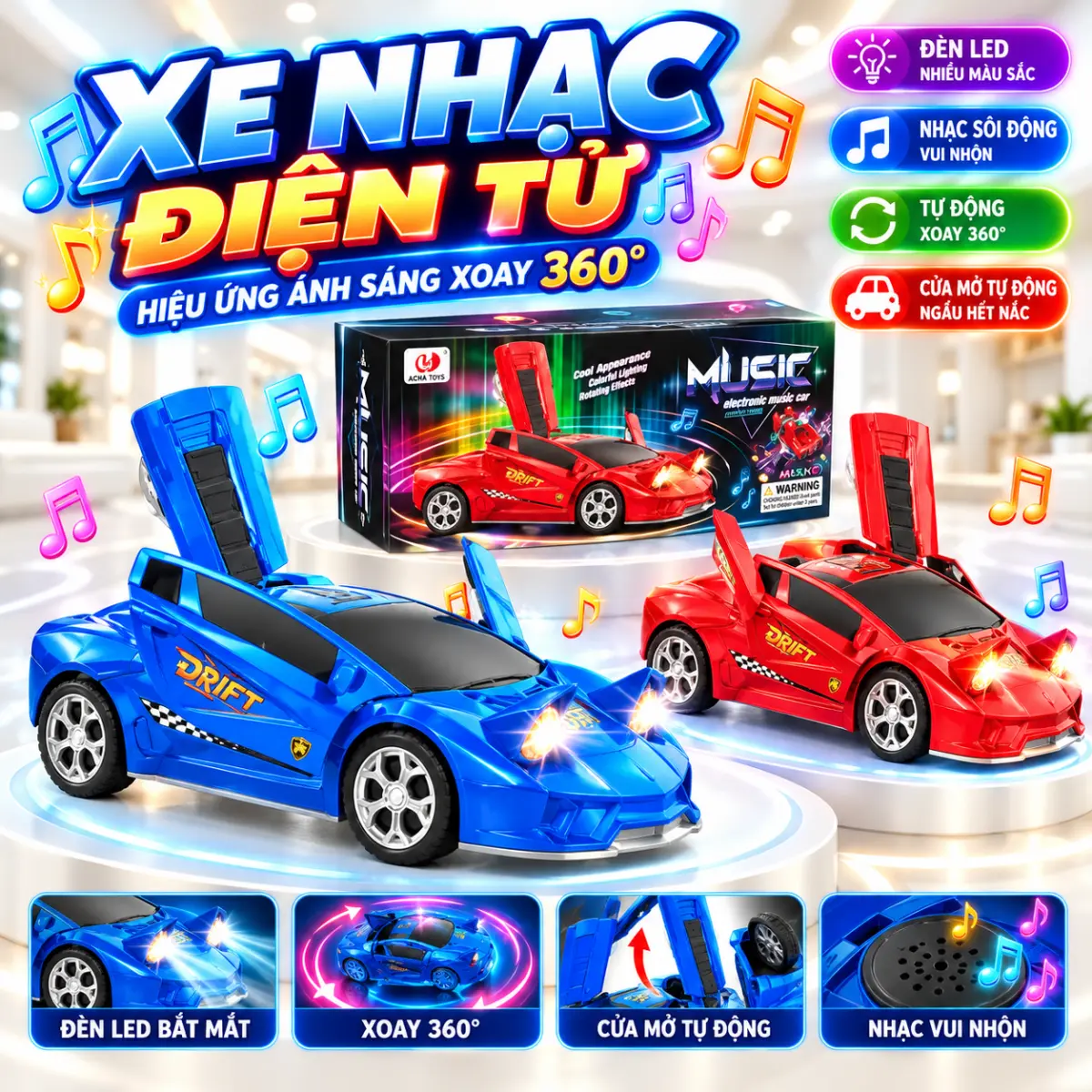 Bộ Xe Thể Thao Nhạc Điện Tử – Xoay 360°, Đèn Led Rực Rỡ, Cửa Mở Tự Động