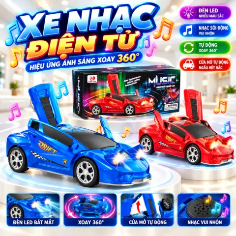 Bộ Xe Thể Thao Nhạc Điện Tử – Xoay 360°, Đèn Led Rực Rỡ, Cửa Mở Tự Động