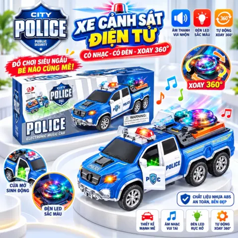 Bộ Xe Cảnh Sát Điện Tử – Có Nhạc, Có Đèn, Tự Động Xoay 360°