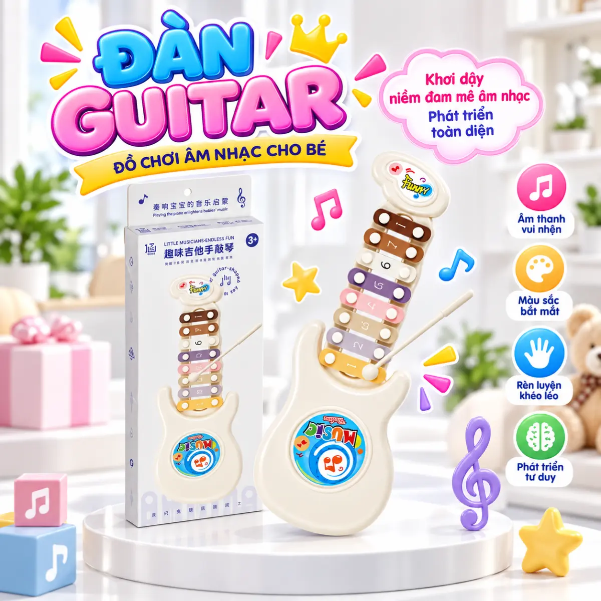 Đàn Guitar Gõ Phím Nhạc 8 Âm Cho Bé – Đồ Chơi Âm Nhạc Vừa Gõ Vừa Chơi, Rèn Luyện Khéo Léo