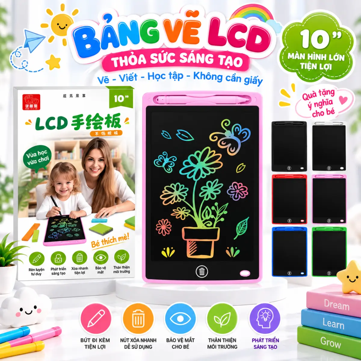 Bảng Tập Vẽ Tập Viết Tự Xóa Lcd 10 Inch – Thỏa Sức Vẽ, Tập Viết, Khơi Gợi Sáng Tạo 🎨